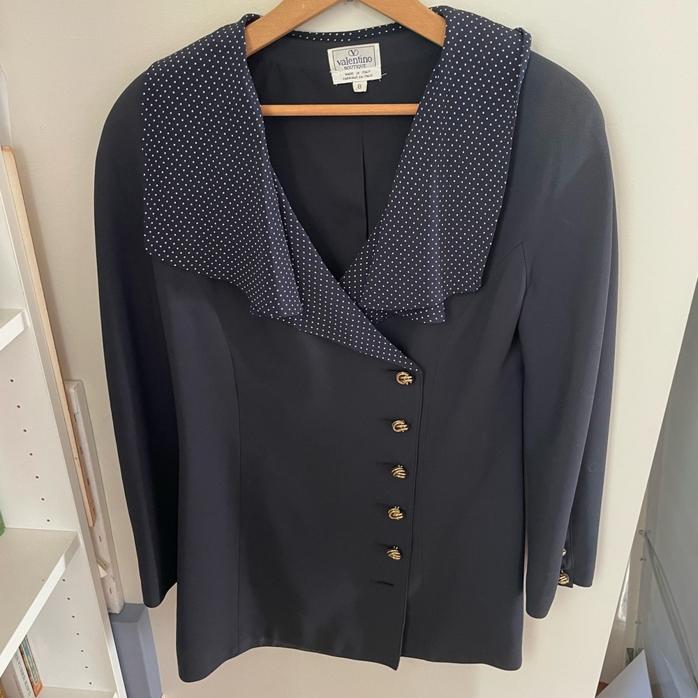 Vintage Navy Valentino blazer (or mini dress) with polka dot silk collar